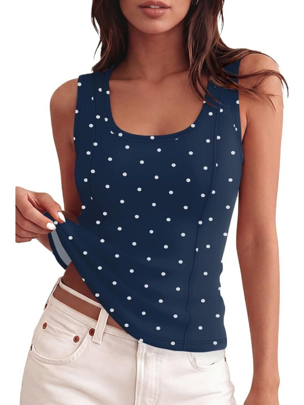 Women's Navy Polka Dots Tank Top Ribbed Scoop Neck Slim Fit Sleeveless